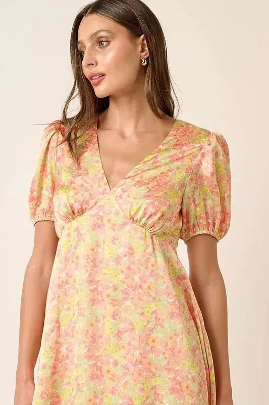 Mittoshop Printed V-Neck Puff Sleeve Mini Dress for Women - Love Salve